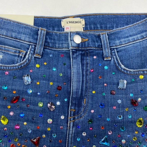 L’AGENCE | Bejeweled Rhinestone Ryland High Rise Jean Shorts RARE | 25 New - Picture 3 of 11